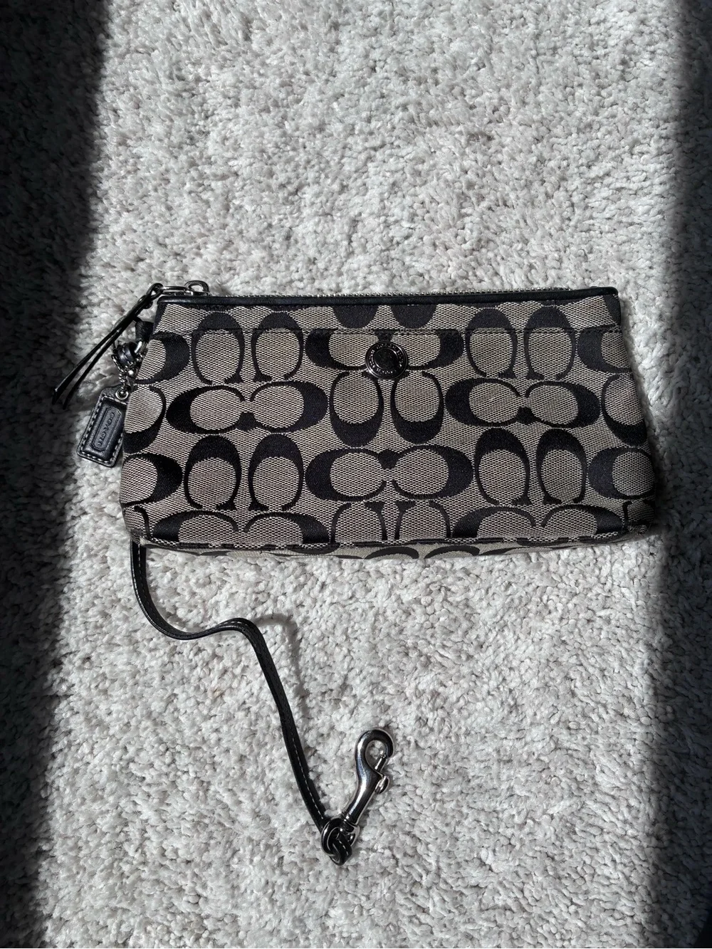 Coach Signature Canvas Wristlet in Black and tan